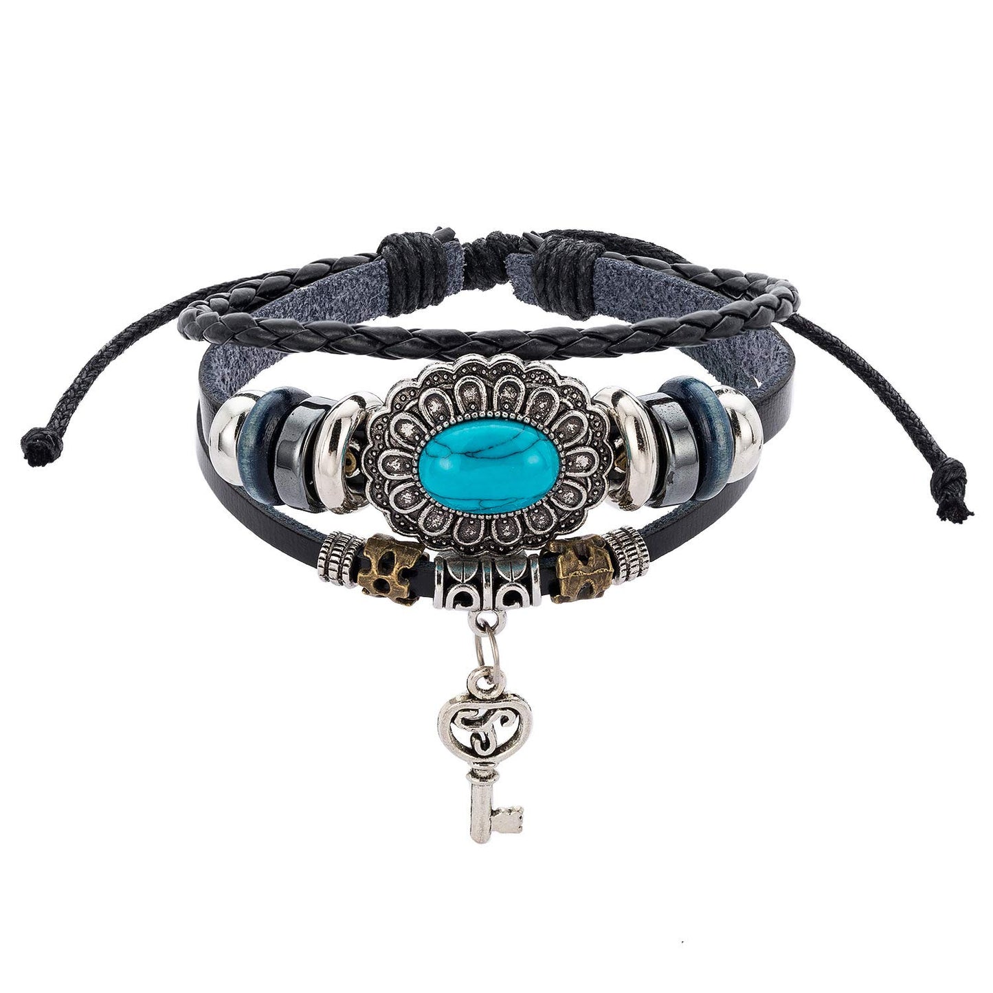 Rockyu ターコイズ キー チャーム付き レザーブレスレット メンズ レディース 調節可能