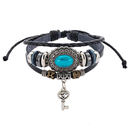 Rockyu ターコイズ キー チャーム付き レザーブレスレット メンズ レディース 調節可能