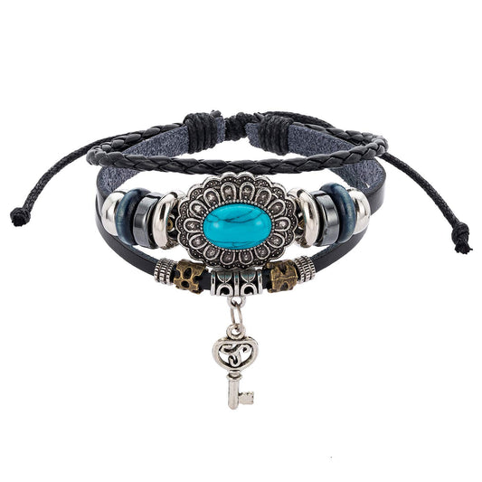 Rockyu ターコイズ キー チャーム付き レザーブレスレット メンズ レディース 調節可能