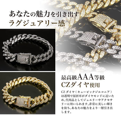 Rockyu ブレスレット メンズ 喜平チェーン ジルコニア 太め ヒップホップ 金銀3色展開