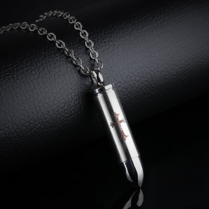 Rockyu 薬ケースネックレス メンズ ステンレス製 弾丸モチーフ 十字架刻印付き