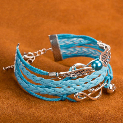 翼＆音符チャーム付き ターコイズ編みレザーブレスレット【多層スタイル】