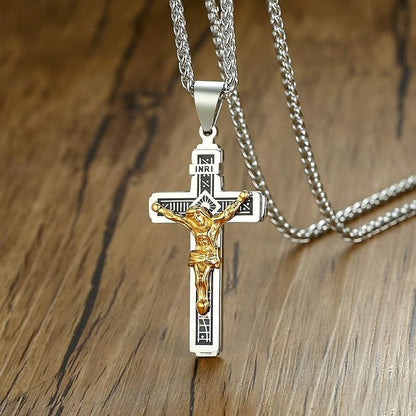 Rockyu ネックレス メンズ 十字架 ゴールド イエス クロスペンダント ステンレス製 宗教モチーフ