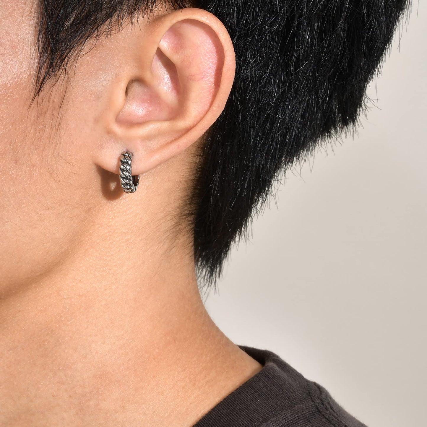 Rockyu ピアス メンズ 喜平チェーン風 フープ シルバー ステンレス 金属アレルギー対応