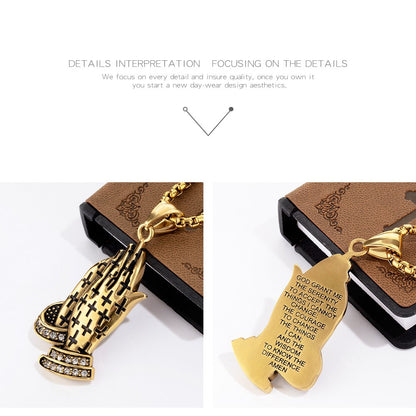 Rockyu 手の祈りネックレス ステンレス製 十字架×刻印入りメンズアクセ