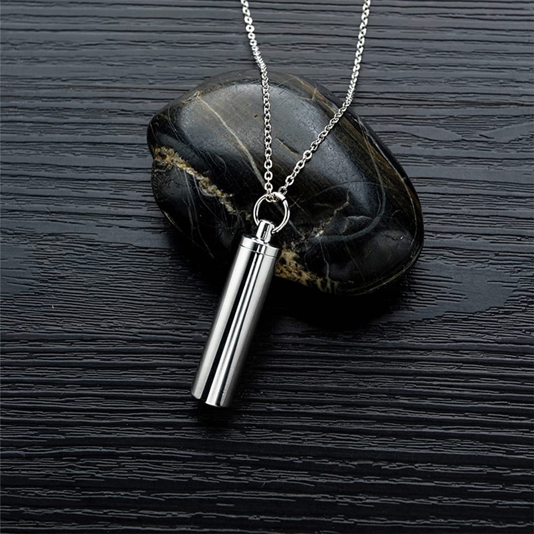 Rockyu メンズネックレス チタン製 シルバー メモリアル 遺骨ペンダント 円筒デザイン 500mmチェーン