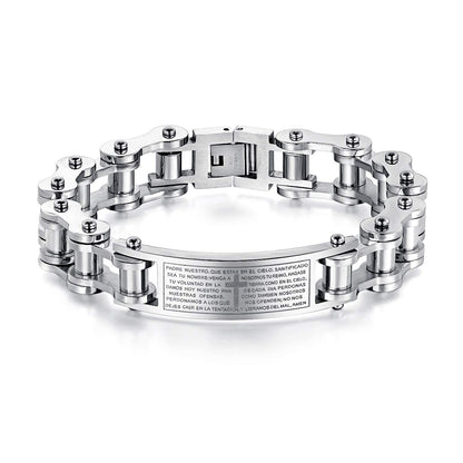 Rockyu メンズブレスレット 自転車チェーン風 ゴールド チタン製 プレート刻印 十字架 真言入り ハワイアン風 パーティーアクセサリー