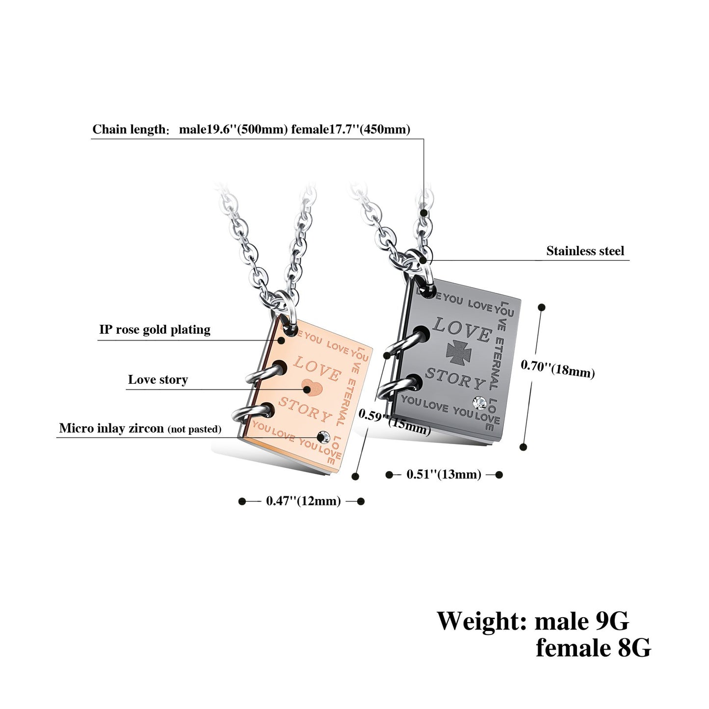 LOVE STORYペアネックレス｜刻印プレート＆ジルコニア付きカップル用ステンレスチェーン