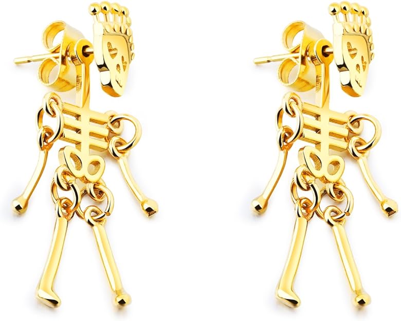 Rockyu スケルトンクラウンピアス｜揺れるドクロデザイン・ユニセックス・3色展開（ブラック/ゴールド/シルバー）