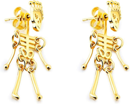 Rockyu スケルトンクラウンピアス｜揺れるドクロデザイン・ユニセックス・3色展開（ブラック/ゴールド/シルバー）