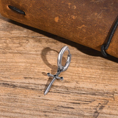 Rockyu ピアス メンズ ステンレス フープ クロス＆モチーフ シルバー ブラックジルコニア ヴィンテージ風