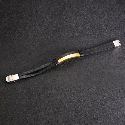 Rockyu ブレスレット メンズ レザー 二重巻き 高光沢ステンレス バングル 20.5cm