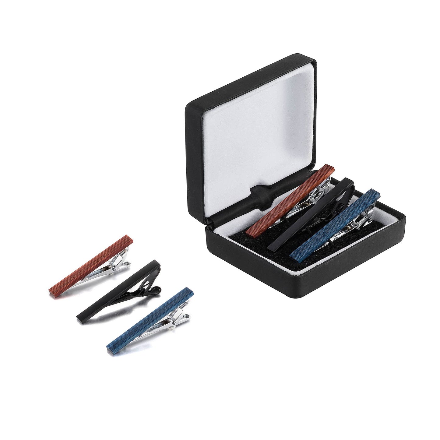 Rockyu タイピン 3本セット メンズ 木製ネクタイピン 赤 青 黒 ボックス付き ビジネス＆フォーマル対応