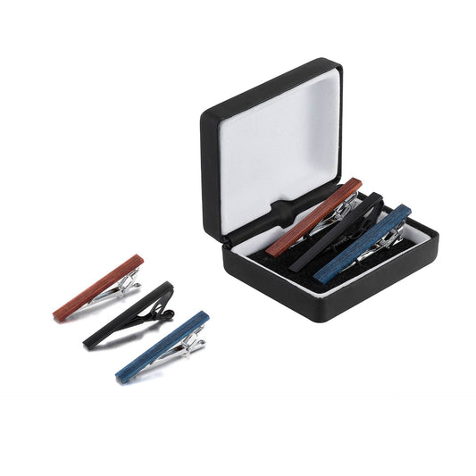 Rockyu タイピン 3本セット メンズ 木製ネクタイピン 赤 青 黒 ボックス付き ビジネス＆フォーマル対応