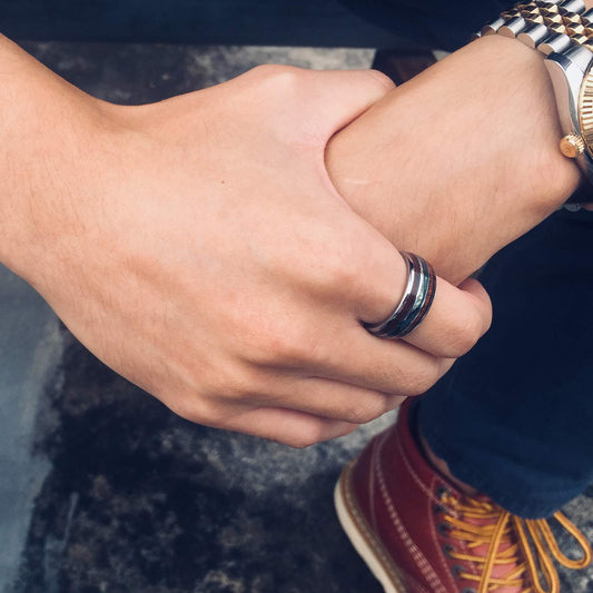 Rockyu メンズリング 幅広 8mm タングステン アワビシェル & 木目インレイ 男女兼用