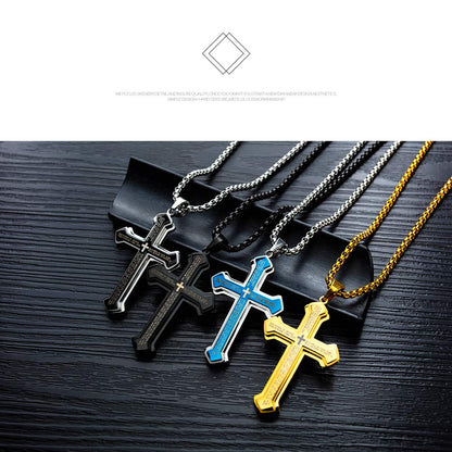 Rockyu 十字架ネックレス メンズ ステンレス製 ブラック クロスペンダント 大ぶり かっこいい