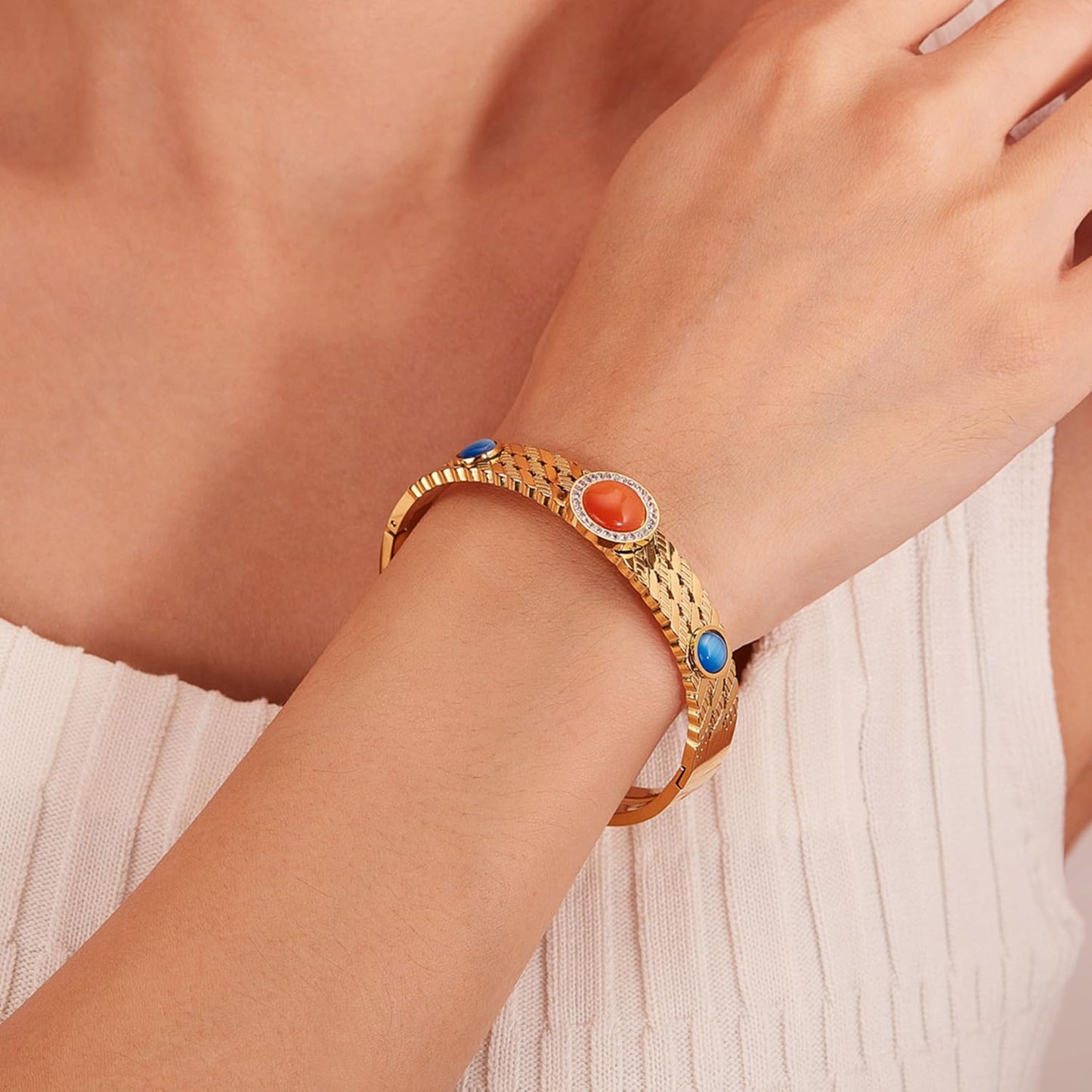 Rockyu レディース バングル ゴールド・シルバー 天然石＆ジルコニア付き ステンレス 金属アレルギー対応 高級感