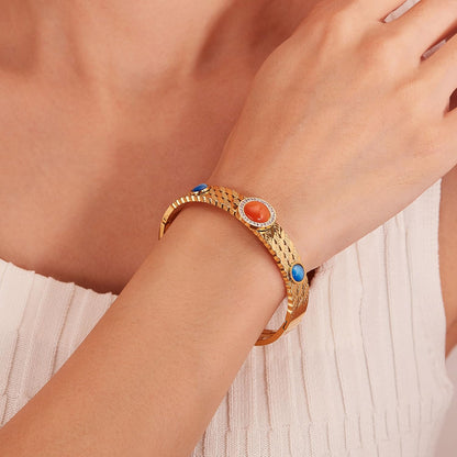 Rockyu レディース バングル ゴールド・シルバー 天然石＆ジルコニア付き ステンレス 金属アレルギー対応 高級感