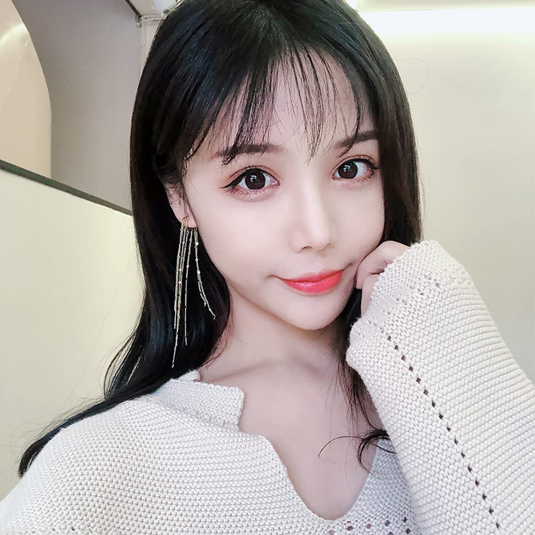 Rockyu フリンジフープピアス レディース ロング 揺れる 18金メッキ 小顔効果 アレルギー対応