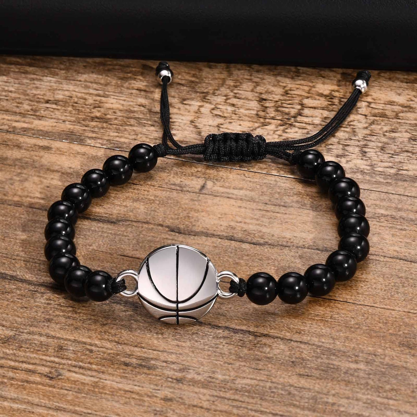 Rockyu メンズブレスレット ブラック瑪瑙 数珠 スポーツモチーフ バスケットボールデザイン 調節可能