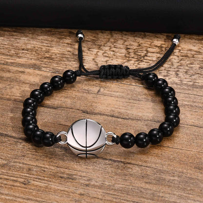 Rockyu メンズブレスレット ブラック瑪瑙 数珠 スポーツモチーフ バスケットボールデザイン 調節可能
