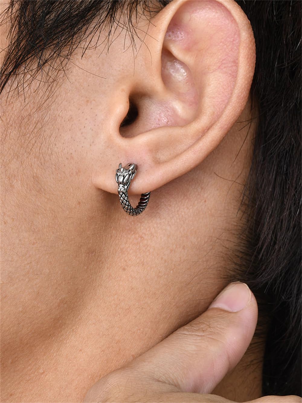 Rockyu ピアス メンズ 竜頭モチーフ フープ ステンレス シルバー 金属アレルギー対応 片耳用
