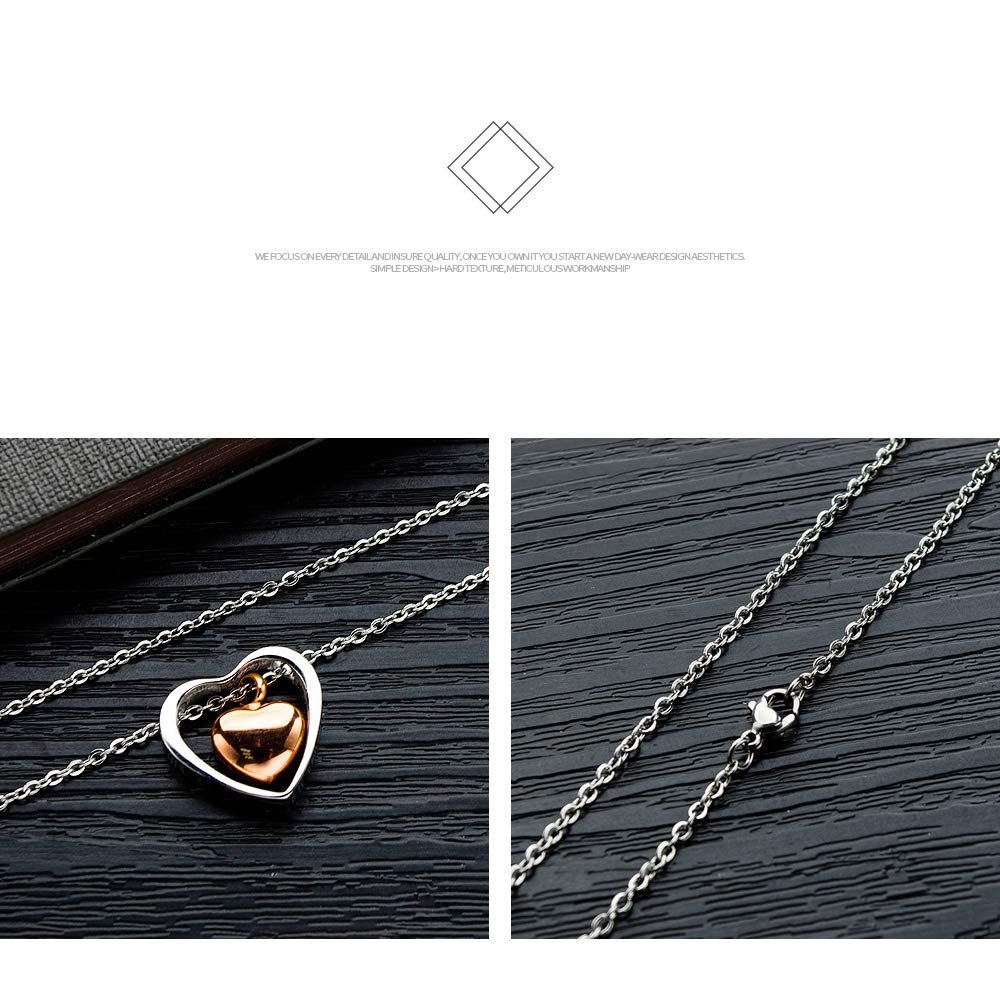 Rockyu ダブルハートネックレス レディース チタン製 ローズゴールド×シルバー メモリアルペンダント 500mmチェーン