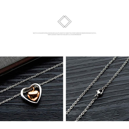 Rockyu ダブルハートネックレス レディース チタン製 ローズゴールド×シルバー メモリアルペンダント 500mmチェーン