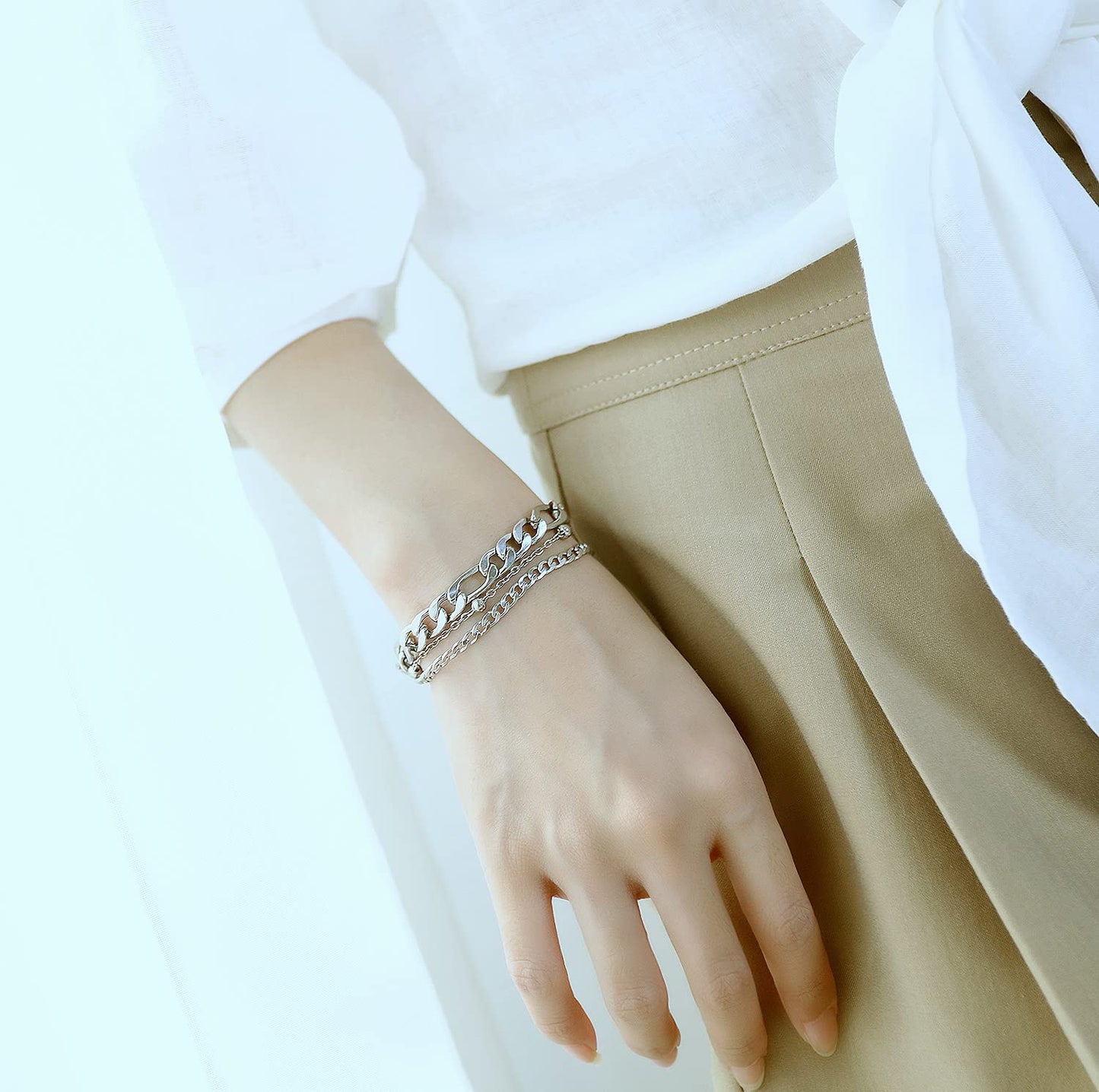 Rockyu ブレスレット レディース シルバー 三連チェーン 多層デザイン 調整可能