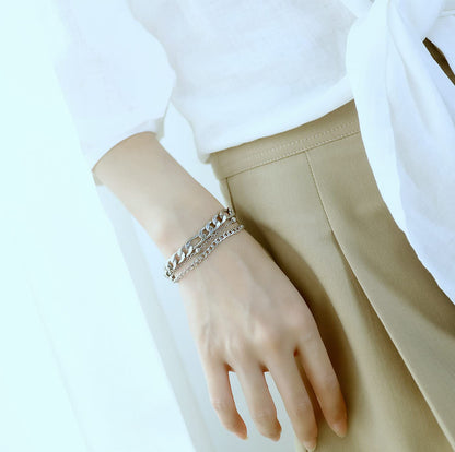 Rockyu ブレスレット レディース シルバー 三連チェーン 多層デザイン 調整可能