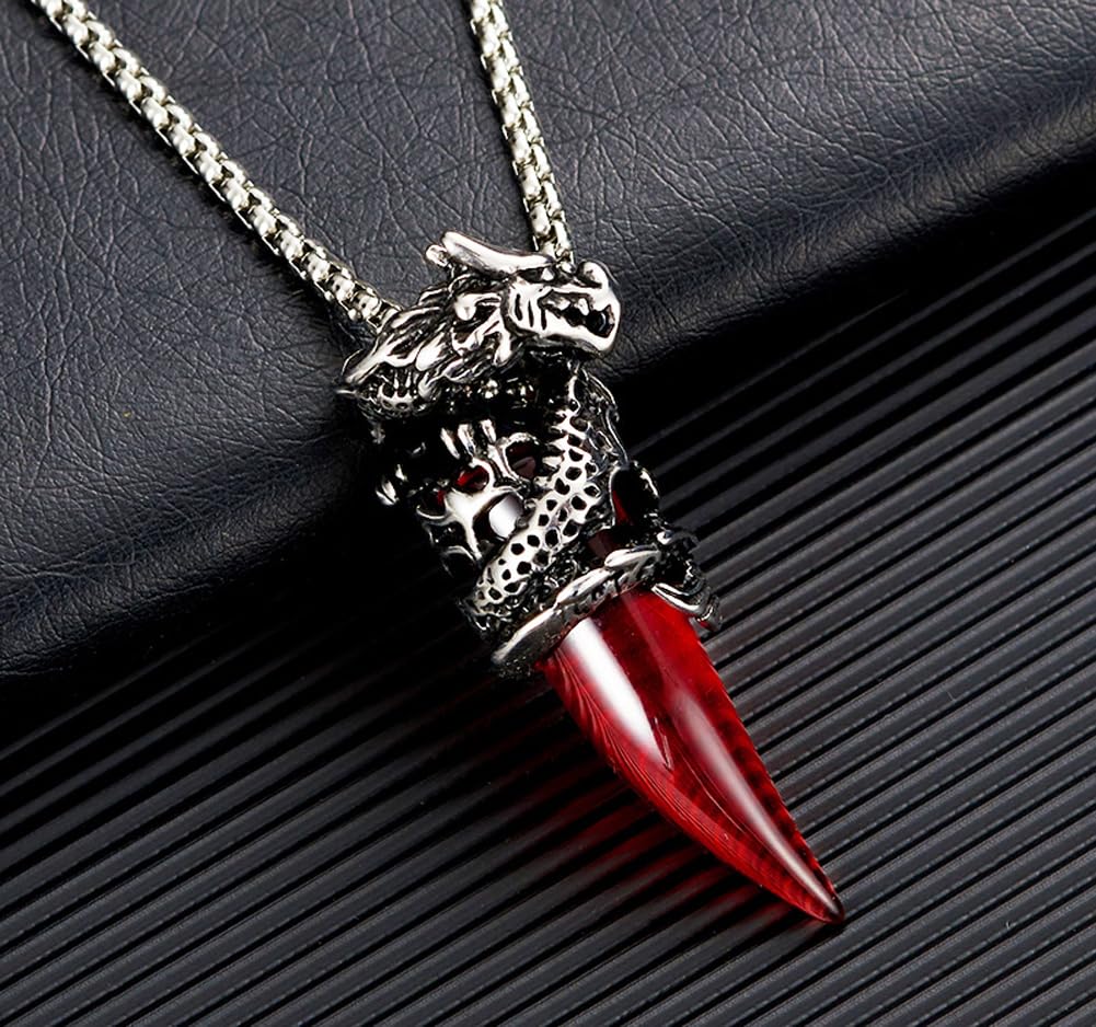 Rockyu メンズネックレス ドラゴンペンダント 牙モチーフ ステンレス製 金属アレルギー対応