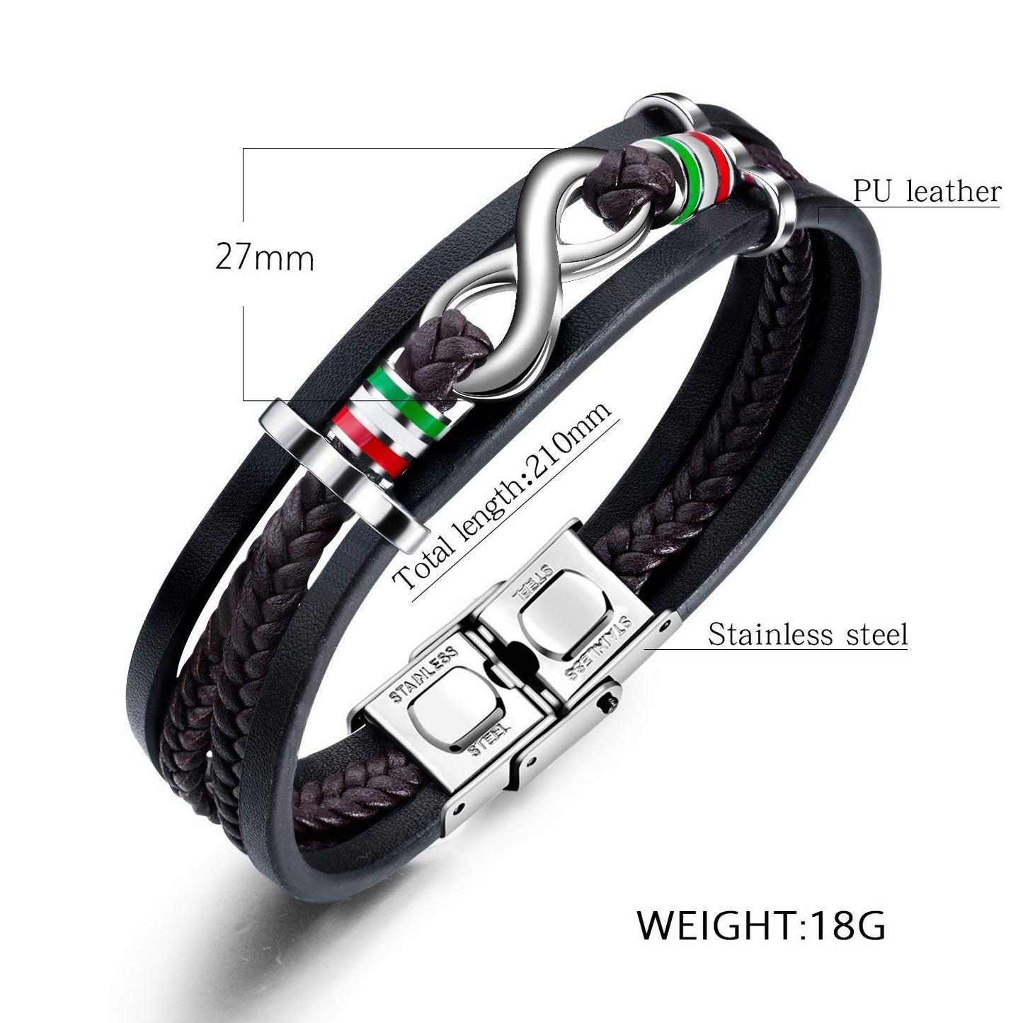 Rockyu ブレスレット メンズ インフィニティ 編み込み 三連 PUレザー ステンレス