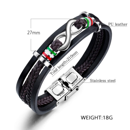 Rockyu ブレスレット メンズ インフィニティ 編み込み 三連 PUレザー ステンレス
