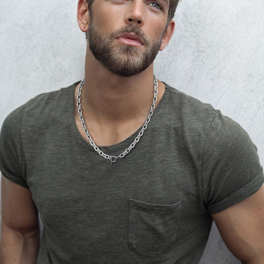 Rockyu ネックレス メンズ チェーンネックレス ステンレススチール 幅0.9cm 52cm OTバックル シルバー/ゴールド