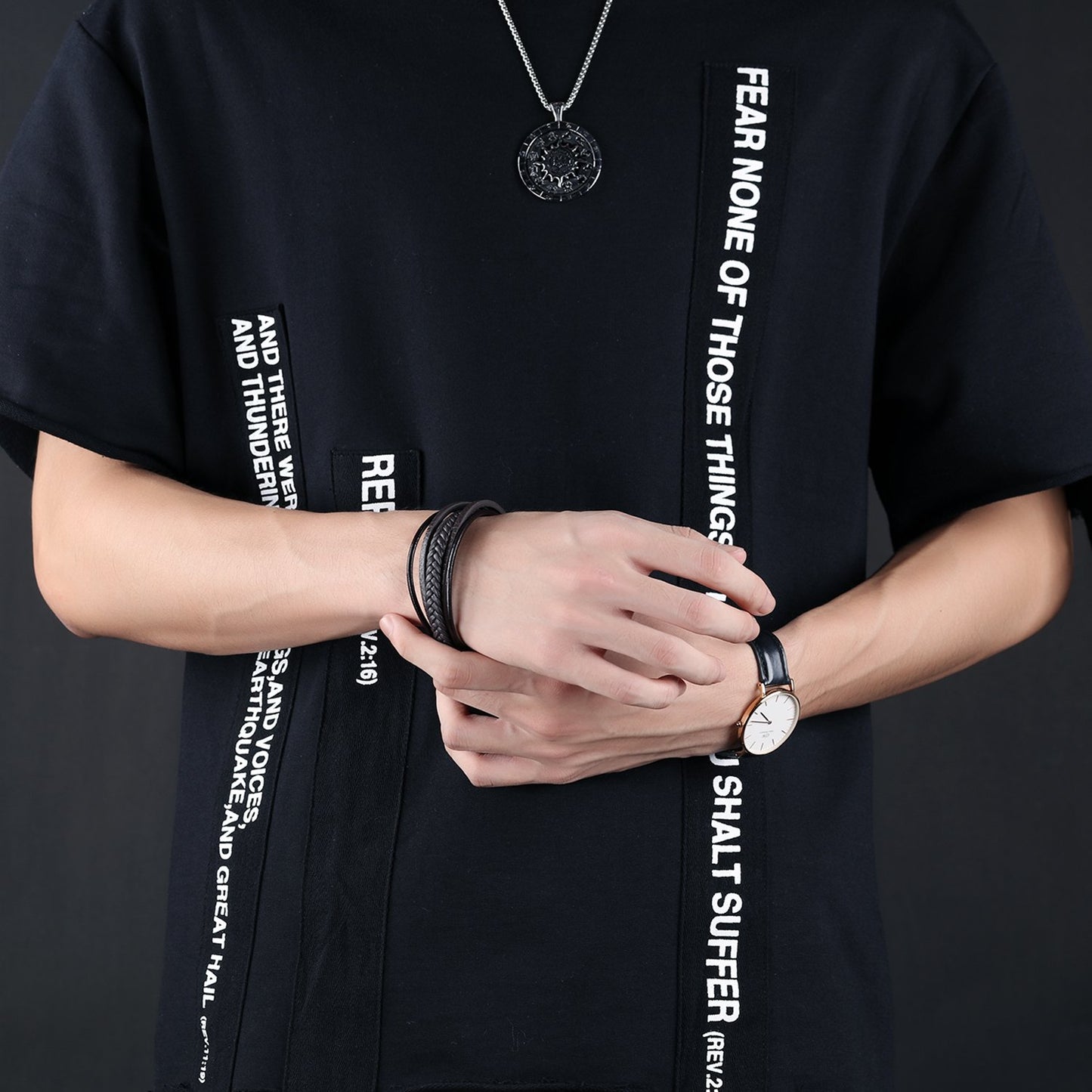 Rockyu 多連レザーブレスレット｜編み込み×PU革 メンズカジュアルバングル