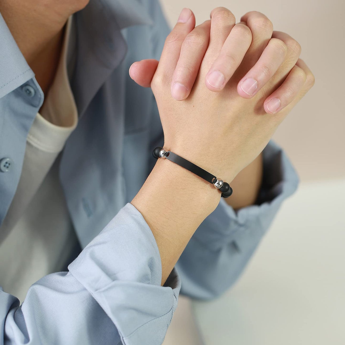 Rockyu ブレスレット メンズ レディース プレート 数珠チェーン ステンレス 調整可能