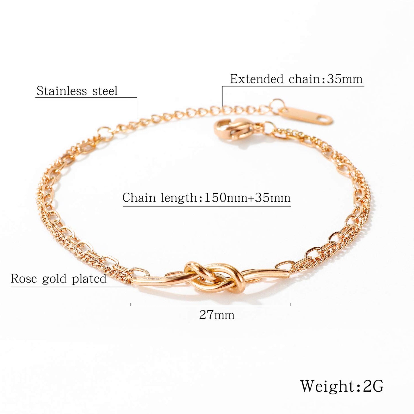 Rockyu ブレスレット レディース 18Kピンクゴールド 結び目モチーフ 2連チェーン