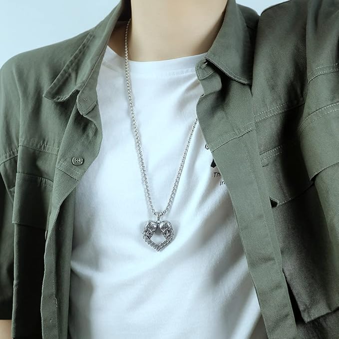 Rockyu ネックレス メンズ ステンレス製 髑髏ハートペンダント ロック風 金属アレルギー対応 ギフト