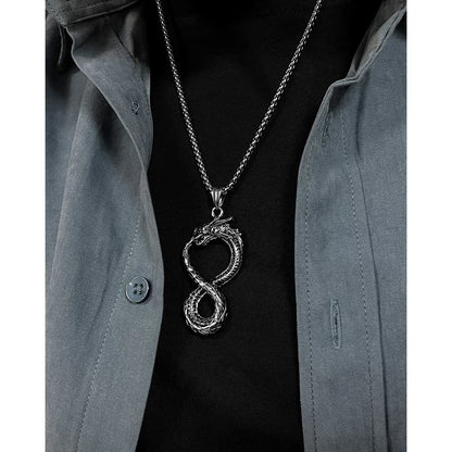 Rockyu ネックレス メンズ シルバー 龍モチーフ 無限大ペンダント ステンレス製 金属アレルギー対応 チェーン55cm