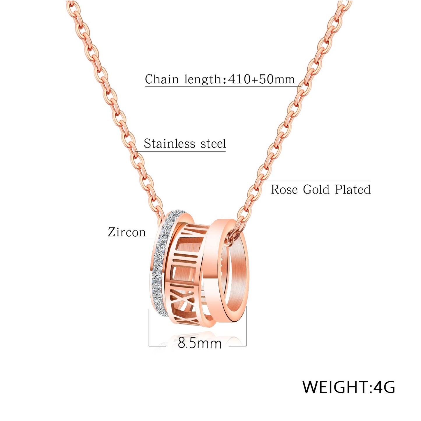 Rockyu ジュエリー 三連リング ネックレス レディース チタン製 ローズゴールド × ジルコン ペンダント