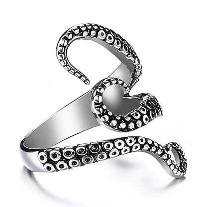 Rockyu タコ・蛇モチーフ ステンレスリング メンズ フリーサイズ ゴールド＆シルバー