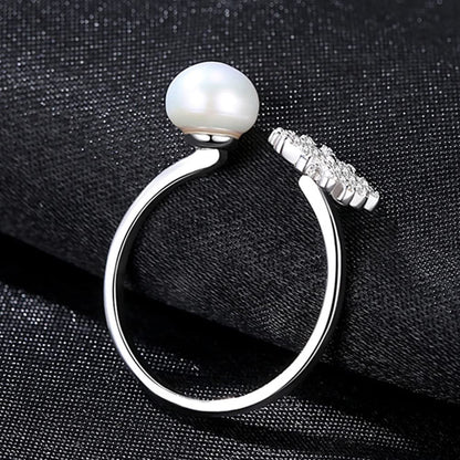 Rockyu レディースリング フリーサイズ パール＆雪の結晶モチーフ 指輪
