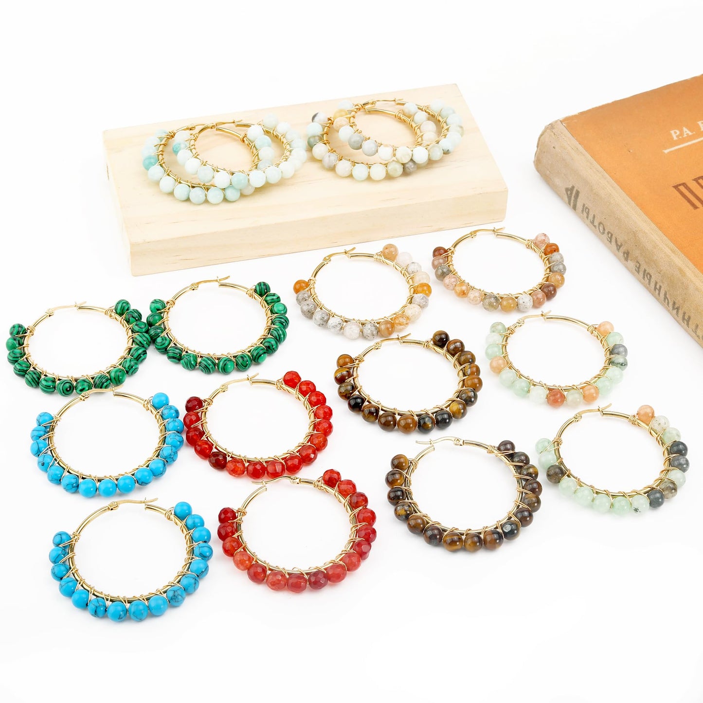 Rockyu フープピアス レディース 天然石 ターコイズ ホワイトムーンストーン ゴールド ワイヤーラップ 大ぶりピアス ギフト 誕生日 クリスマス