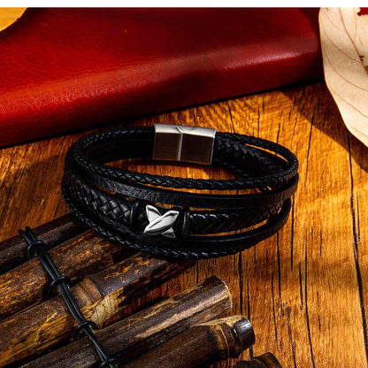 Rockyu ブレスレット メンズ ブラック レザー 多重巻き 無限大デザイン 編み込み バングル