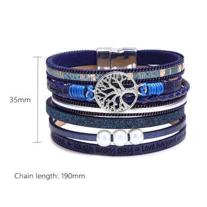 【生命の木ブレス】多重レザーブレスレット｜レディース アンティーク風 パール付き（全5色）