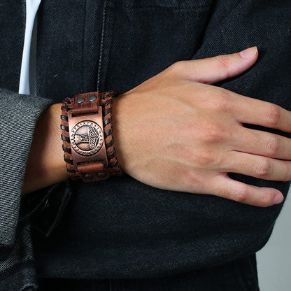 Rockyu ブレスレット メンズ レザー 幅広 ヴァイキング 雷神ハンマー記号 プレート ブラック＆ブラウン