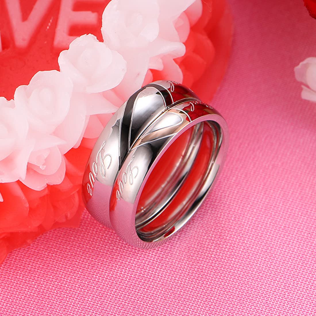 Rockyu ペアリング ステンレス製 ハートデザイン シルバー 結婚指輪風・個別販売