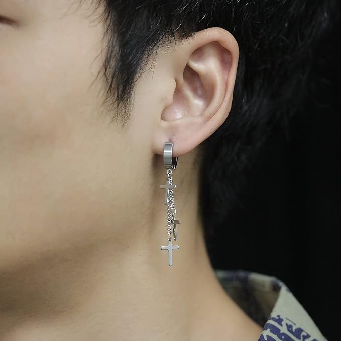 Rockyu ピアス メンズ チタン製 クロスチェーン フープピアス ステンレス製 アレルギー対応