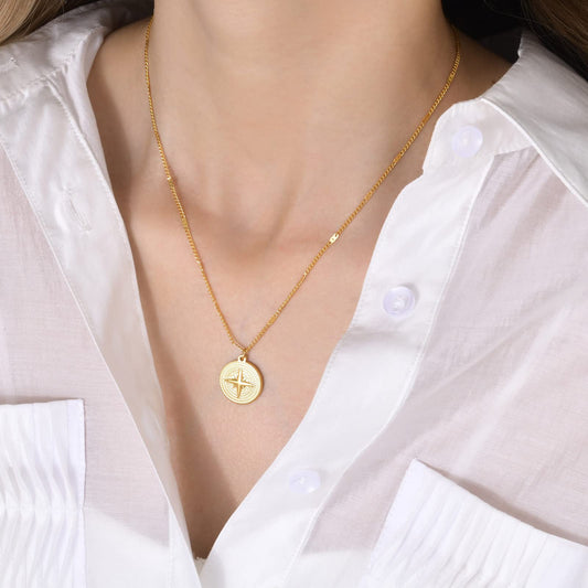 Rockyu ネックレス レディース ゴールド コイン 八芒星 ステンレス ペンダント 金属アレルギー対応