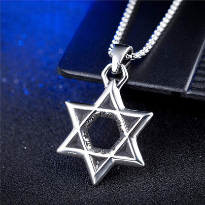 Rockyu 六芒星ネックレス メンズ ステンレス製 ダビデの星 ペンダント シルバー 60cmチェーン